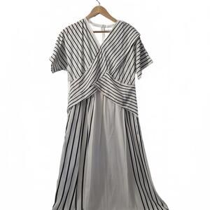 Ladies Cream Black Pinstripe Midi Style Dress Criss Cross Front